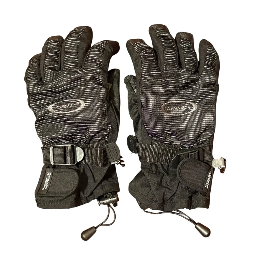 Kids Waterproof Winter Gloves Black Adjustable Ski Snow Gloves